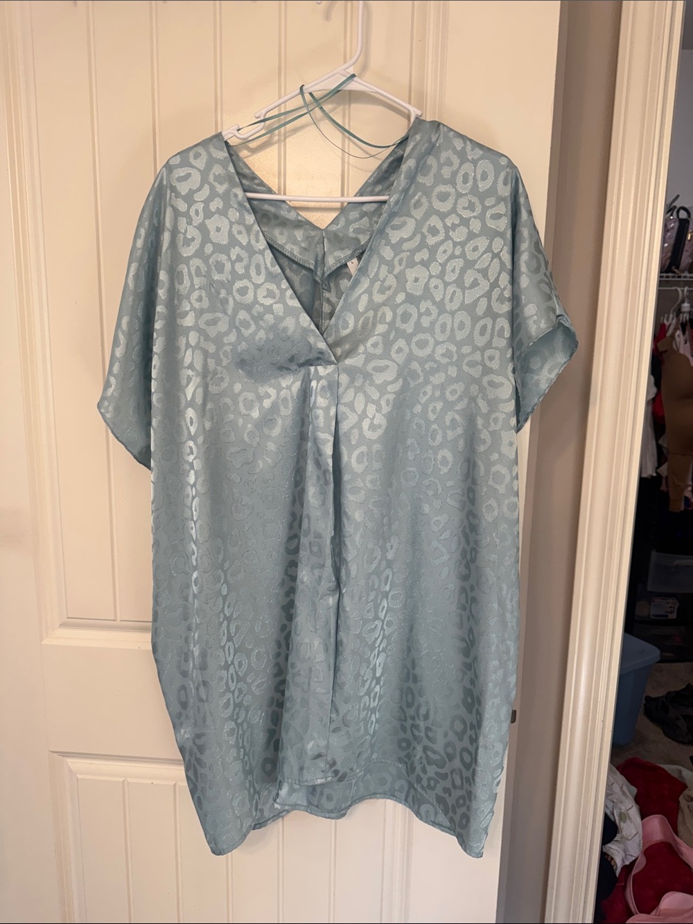V-Neck Light Blue Satin Leopard-Print Tunic Top or mini dress